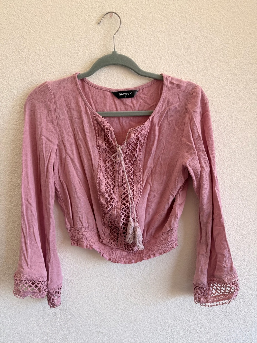 Allegra K Dusty Rose Crochet-Detail Long Sleeve Peasant Top